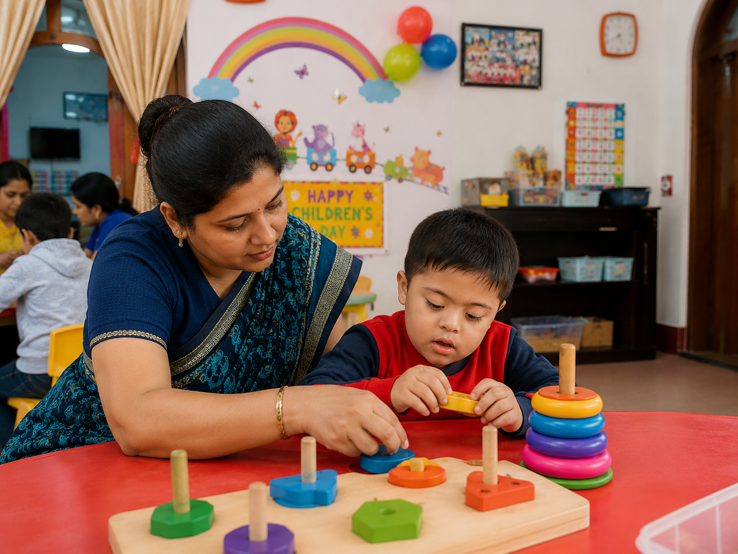 Teacher helping a child with individual learning activities